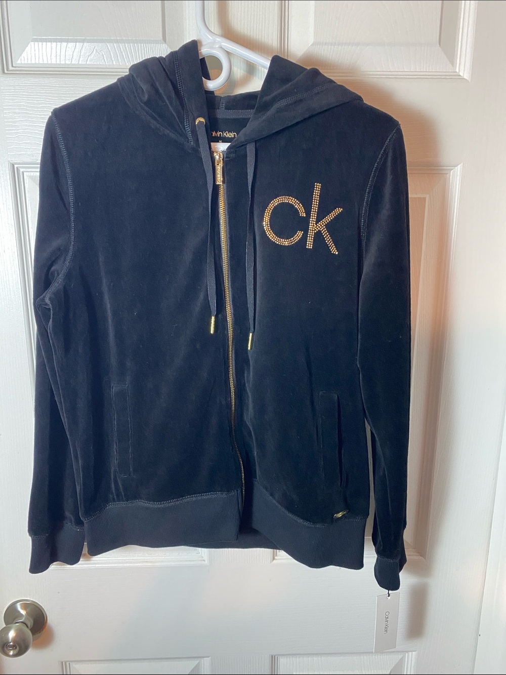 Calvin Klein Black Velour Hoodie Jacket with Gold CK Logo Size Medium